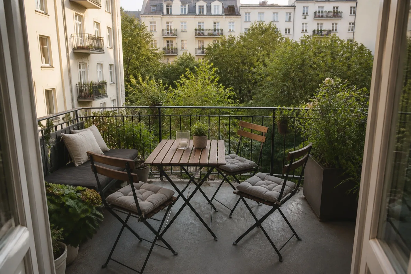 Visualización de un balcón con plantas orientado a un patio tranquilo de Hamburgo
