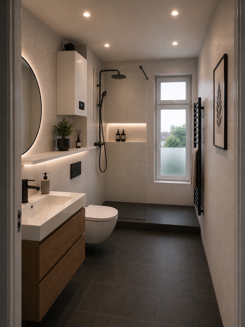 Planungsvisualisierung des ersten Gemeinschaftsbads mit Dusche und Wandheizung