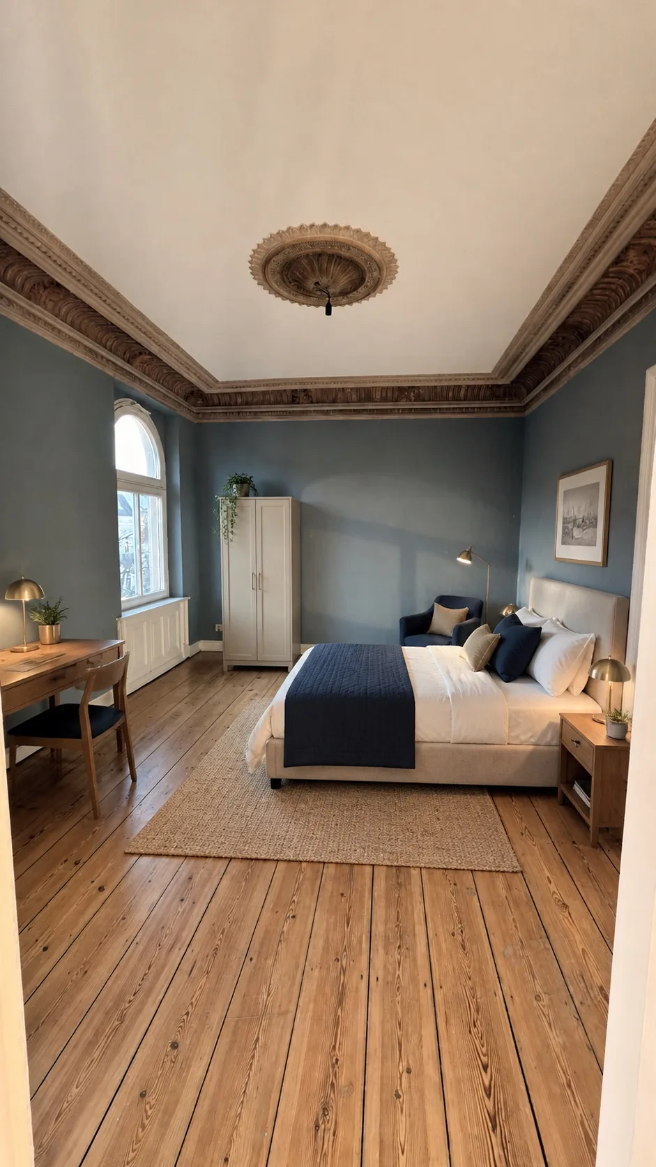 Visualización del mobiliario de la Habitación 2 con sus paredes originales azul grisáceo