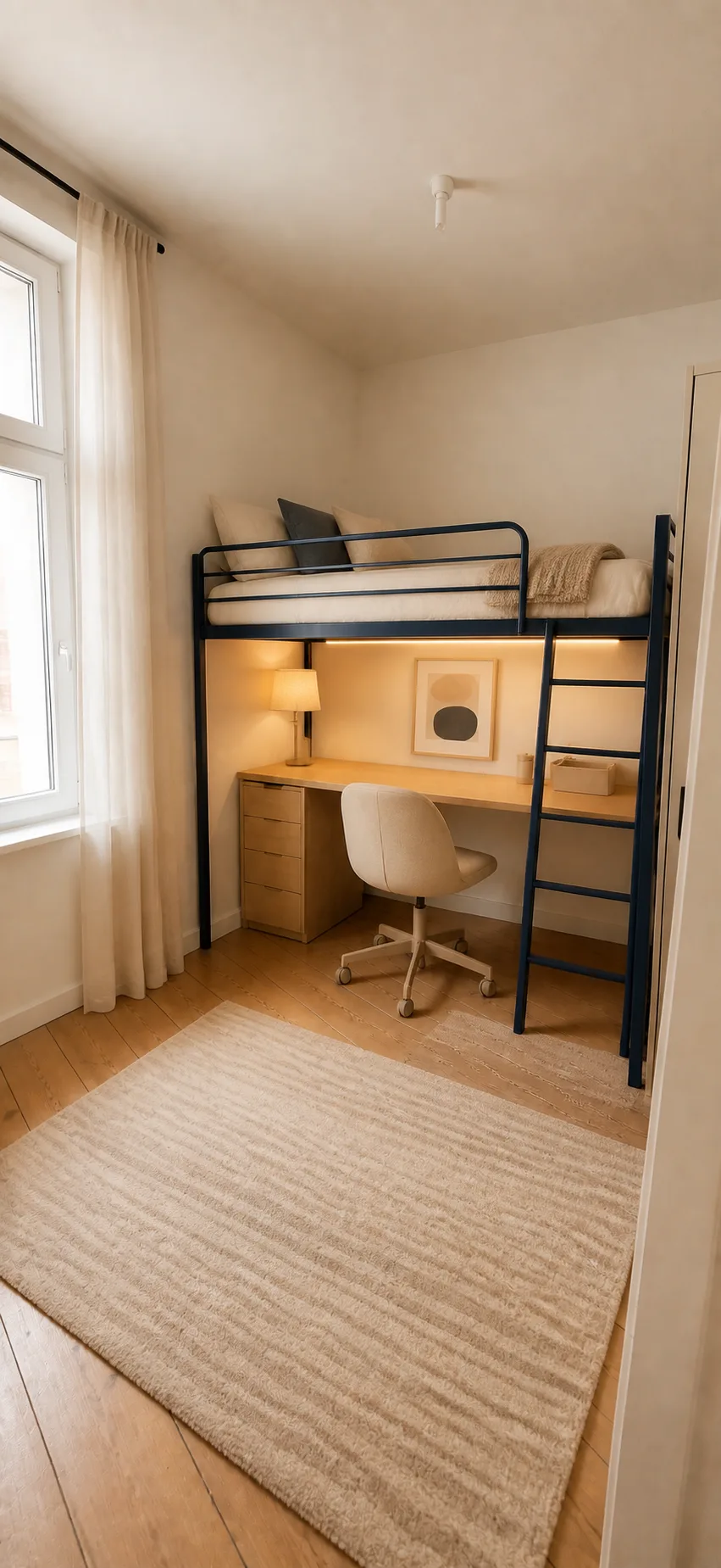 Visualización interior de la Habitación 4 basada en el espacio en obra, con cama alta transversal y escritorio debajo